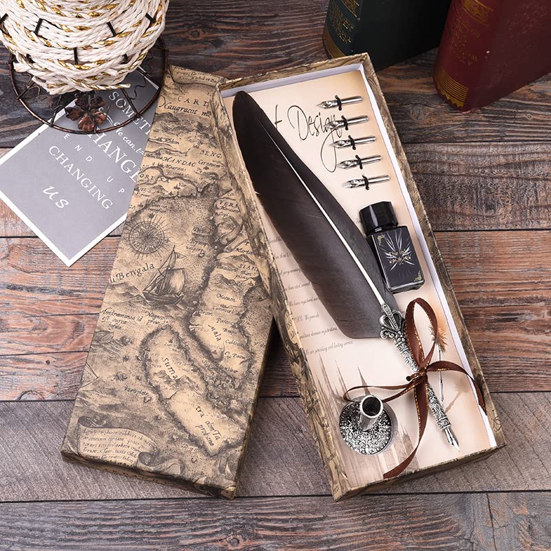 Sedna Magic Medieval Elven Quill Pen Set with Pen and for Dip Fountain Feather Quill Antique Pen (Gray) Stand, Ink, Refills, Pen, Pen, Pen, Pen,