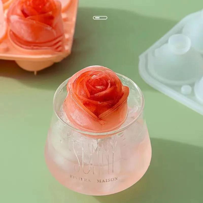 Formas de Gelo Grandes 3D 5,5 cm Moldes de Gelo Rosa 4 Gelo Gigante Formato Flor Fofa Molde de Silicone de Gelo Para Cocktails Suco Whiskey Congelador