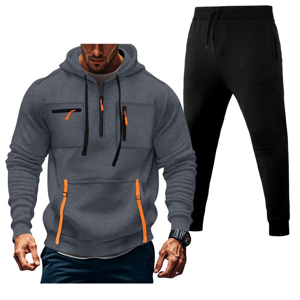 Men's Multi-Zipper Hoodie Sweatshirt & Sweatpants Set with Pockets