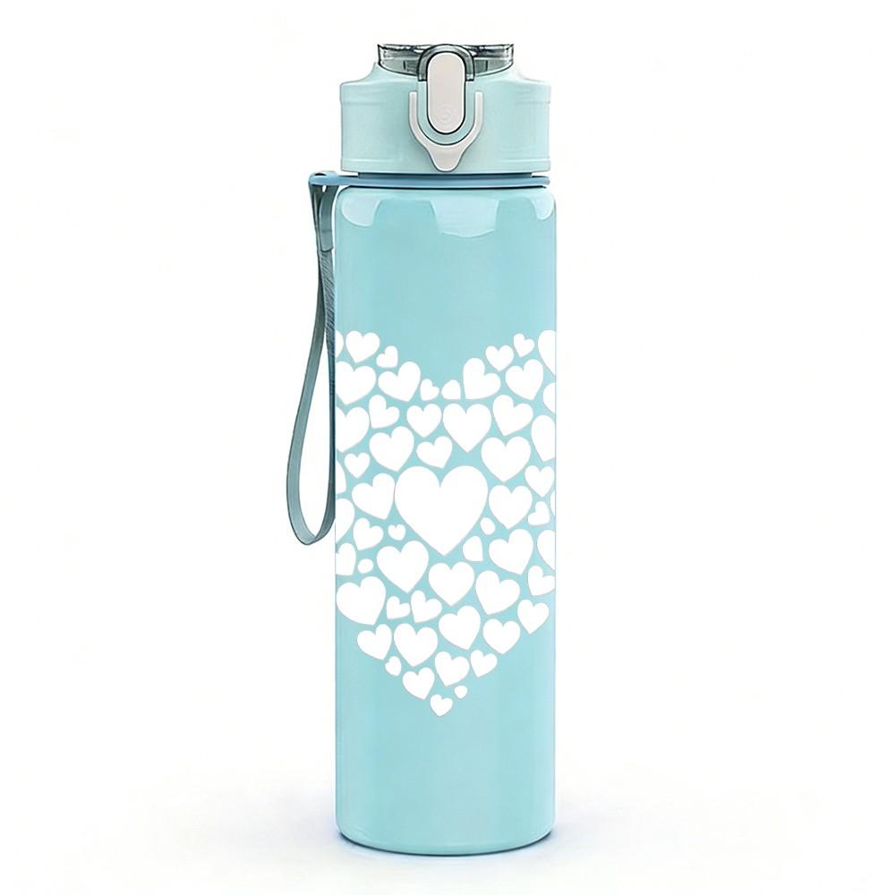 1PC Plain White Hollow Heart Line Print 750ml Color Plastic Sports Water Bottle Leakproof Flip Straw Lid Suitable for Sports Office Home Use