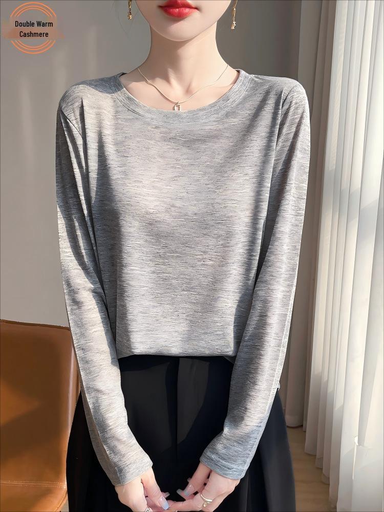 Women's Long Sleeve Round Neck Tencel Cotton Sheer T-Shirt - Slimming, Loose Fit, Knit Base Layer, New Basic Style