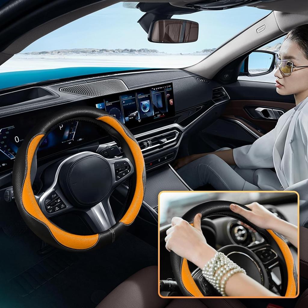 Car Steering Wheel Cover 2025, Universal Auto PU Cute Breathable  Orange