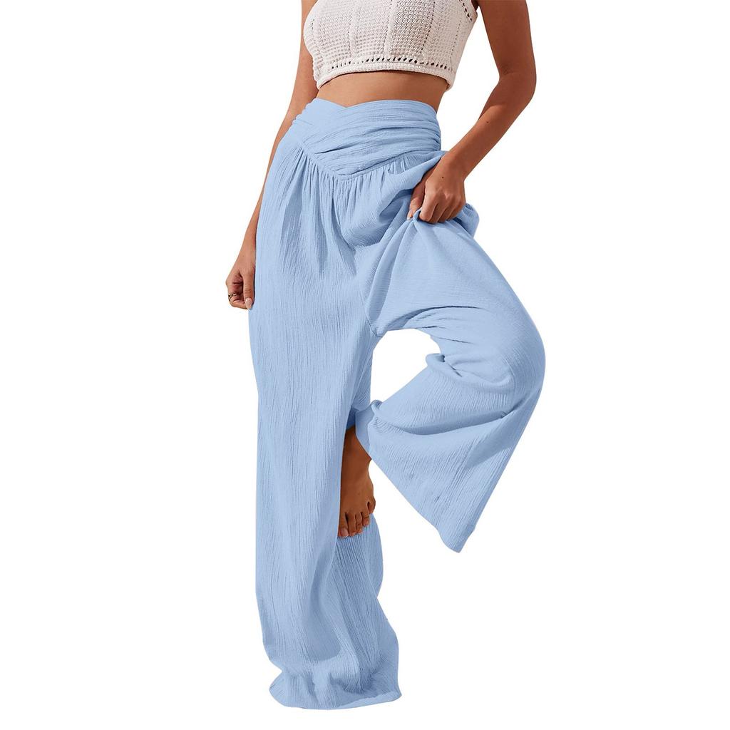 Damen-Hose mit weitem Bein, hohe elastische Taille im Rücken, Business-Arbeitshose, lange Freizeithose