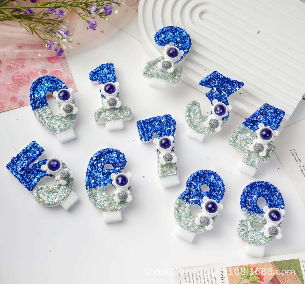 Number Zero Candle with Astronaut Design Glitter Birthday Cake Decoration for Kids Baking Party Supplies 0-9 Digit Candles Set