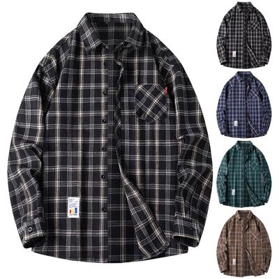 Men's Spring Plaid Trendy Fashion Loose Drop Shoulder Stand Collar Long Sleeve Shirt