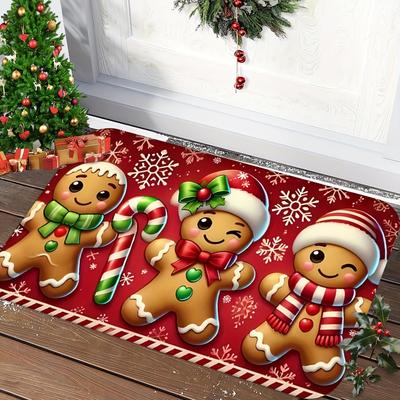 1 Stück Willkommensmatte Badezimmer Küchenmatte mit niedlichen Lebkuchen-ähnlichen Figuren Rot Vliesbodenmatte für Zuhause Weihnachtsdekoration