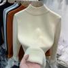 Korean Half High Collar Slim Thick Knitted Pullovers Women Winter Plus Velvet Warm Sweaters Solid Casual Fleece Lined Jumpers