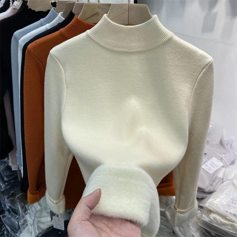 Korean Half High Collar Slim Thick Knitted Pullovers Women Winter Plus Velvet Warm Sweaters Solid Casual Fleece Lined Jumpers