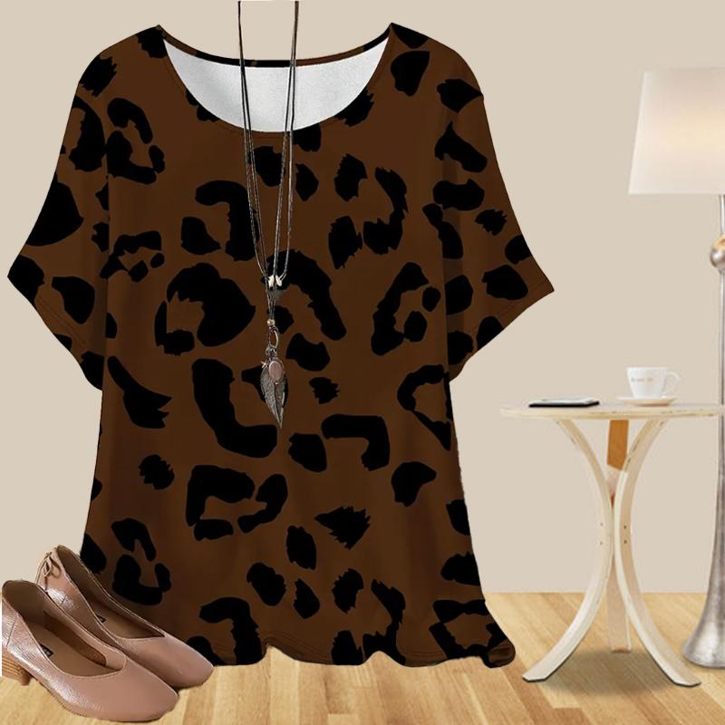 

Женская повседневная свободная весенняя рубашка, женские топы с коротким рукавом и горизонтальными полосками с леопардовым принтом 8XL коричневый