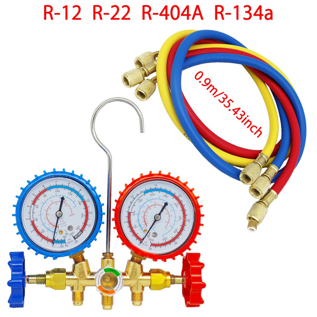 R134a Air Conditioning Pressure Gauge with Hose and Hook 3 Way AC Diagnostic Manifold Gauge Set Freon For R12 R22 R404A R134a
