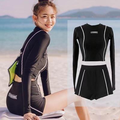 One-Piece Long Sleeve Sun Protection Swimsuit with Letter Print and High Waist Tummy Control