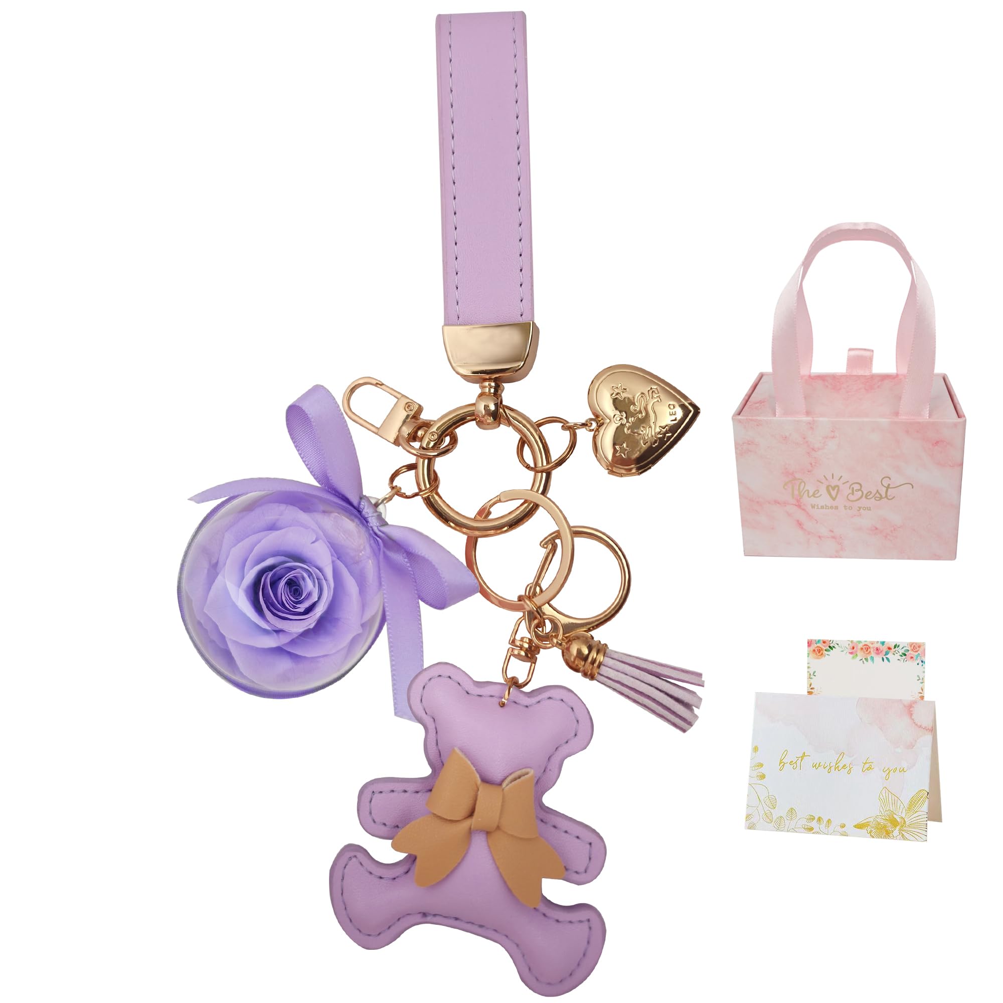 

Preserved Flower Keychain Bear Design Popular Birthday Gift for Women Flowers Perfect for 60th White Respect for the Aged Day Purple Roses and Purple