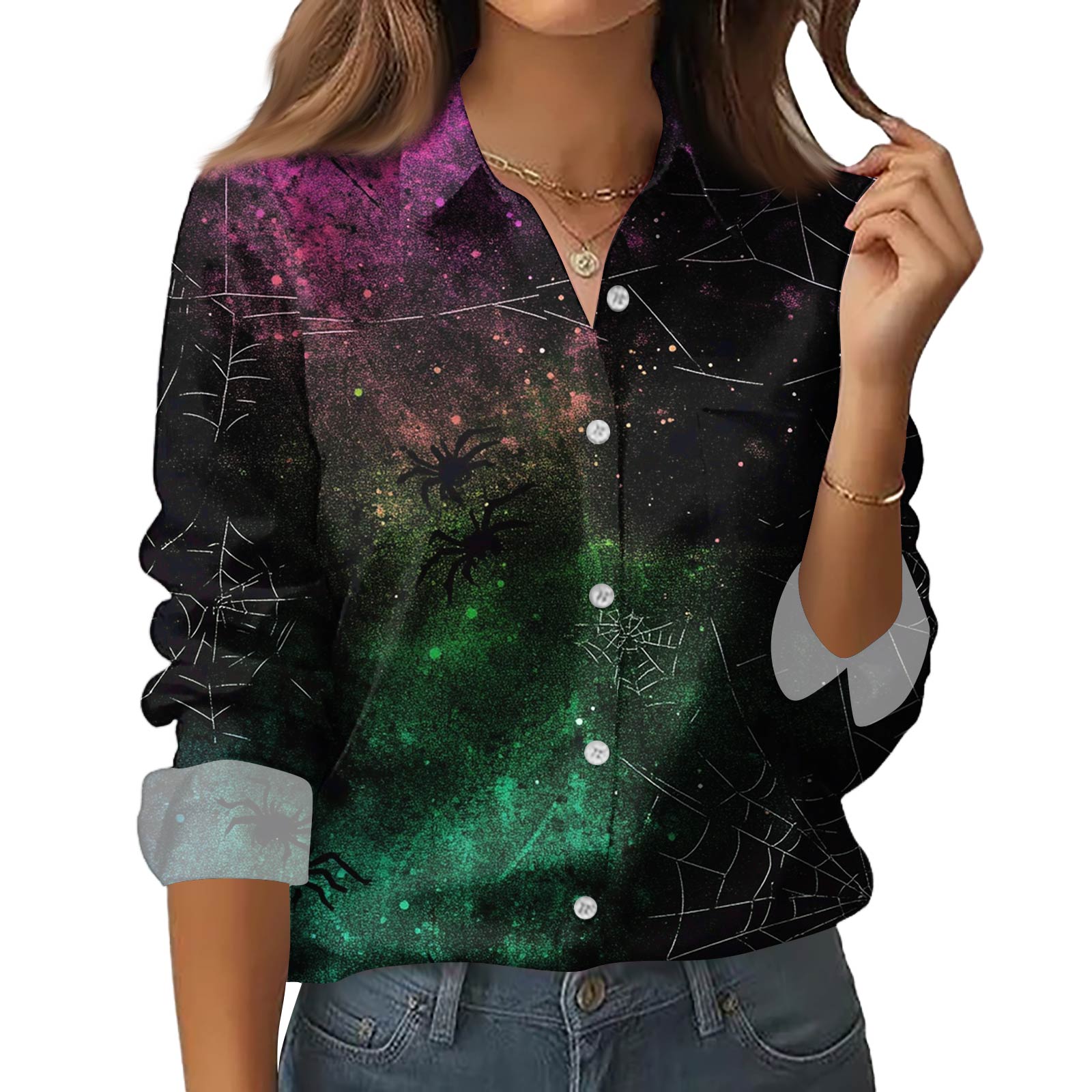 

Женская рубашка-блузка с принтом и пуговицами, длинный рукав, повседневный базовый рубашечный воротник, обычный топ L