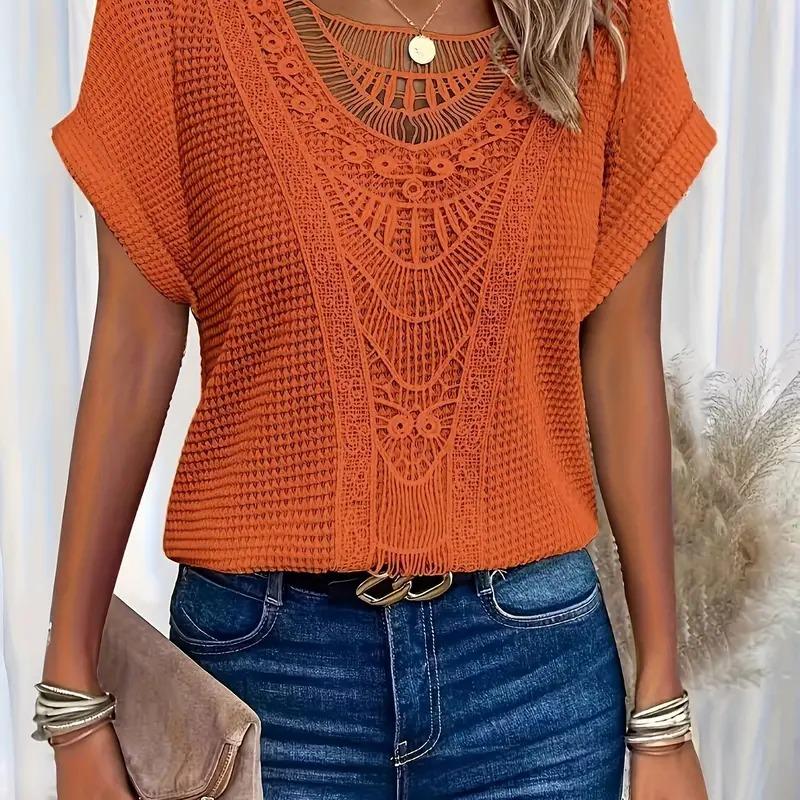 

Кружевная футболка с круглым вырезом, повседневный топ с короткими рукавами на весну и лето, женская одежда S оранжевый