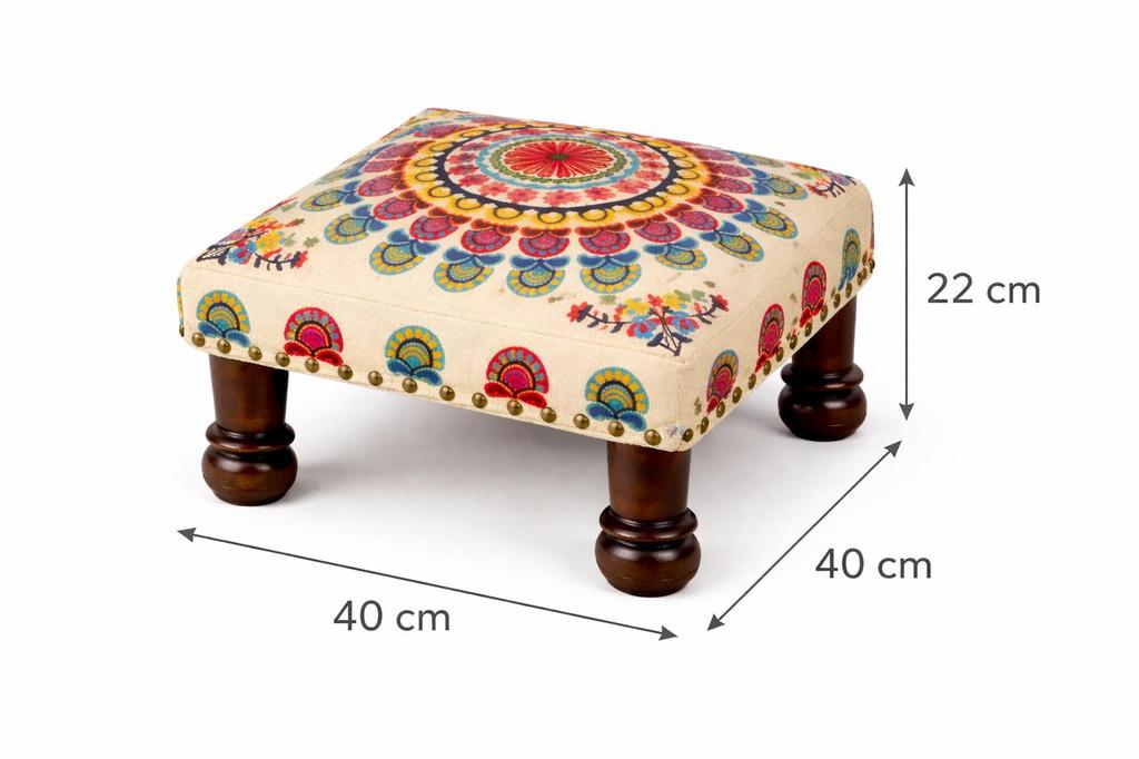 Mystic Mandala Embroidered Foot Stool - Multicolor Cotton Ottoman with Mango Wood Legs, 40 X 40 X 22.5 Cm