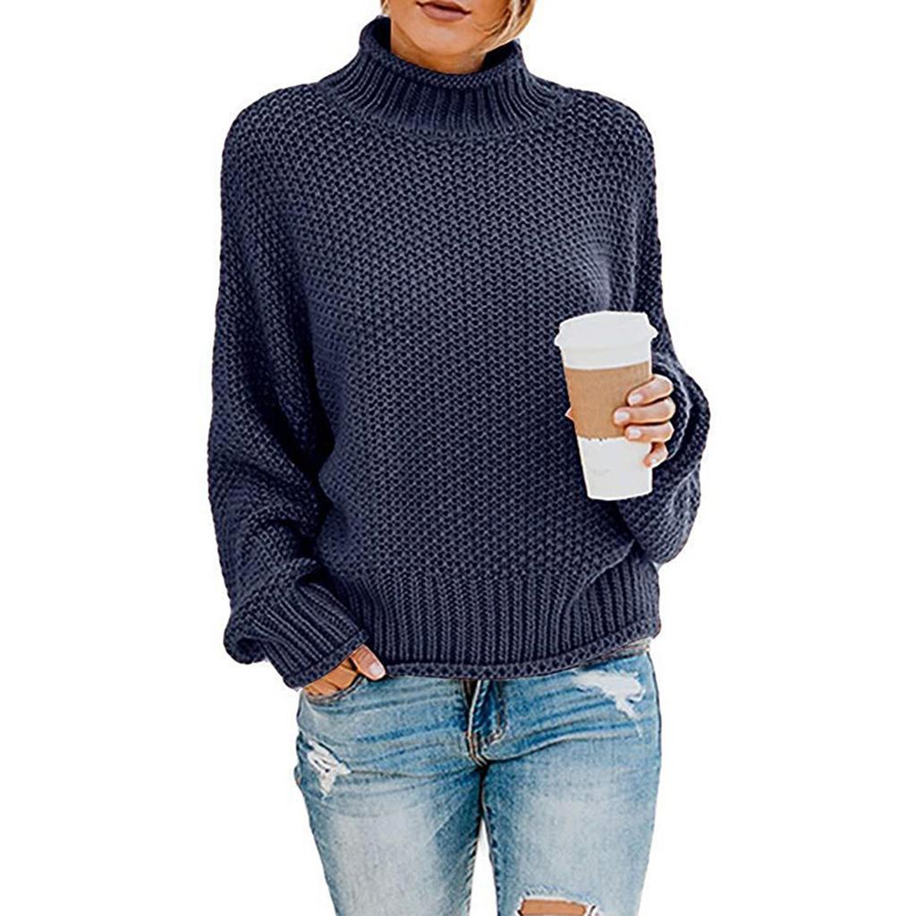 Women's High Neck Solid Color Sweater Casual Stripe Pullover Long Sleeve Sweater