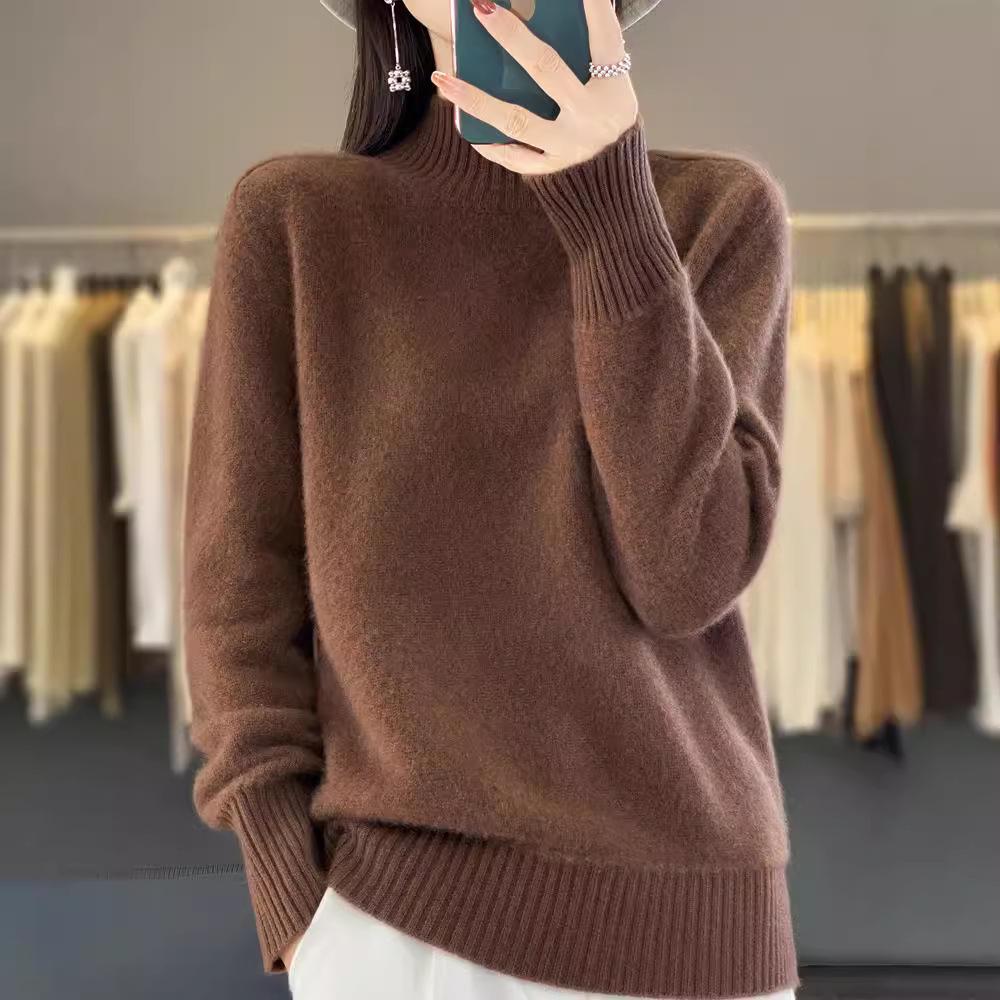 Women's Pure Wool Loose Knit Pullover - Long Sleeve, Half-High Collar, Solid Color Sweater Top