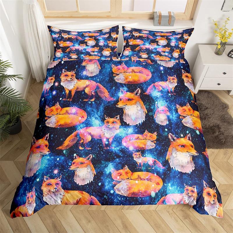 Raccoon Bedding Set Cute Cartoon Animal Duvet Cover Set Universe Galaxy Comforter Cover Polyester Red Starry Sky Bedspread Cover