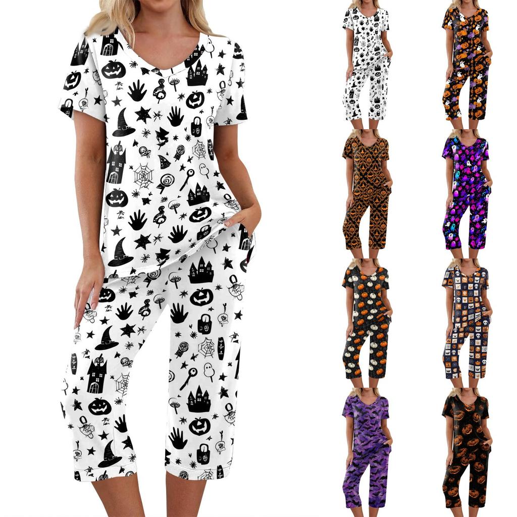 Women's Halloween Two Piece Outfit - Short Sleeve Top and Pants Set with Fun Print, Casual Wear for Halloween Party and Everyday