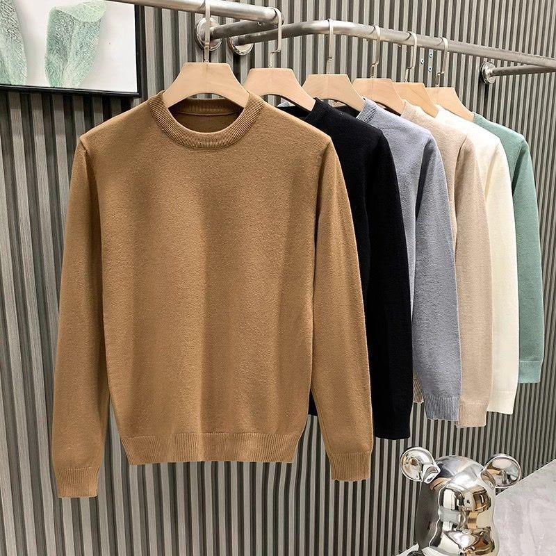 European Trendy Men's 2024 Light Luxury White Round Neck Sweater – Autumn/Winter High-End Style Layer Shirt