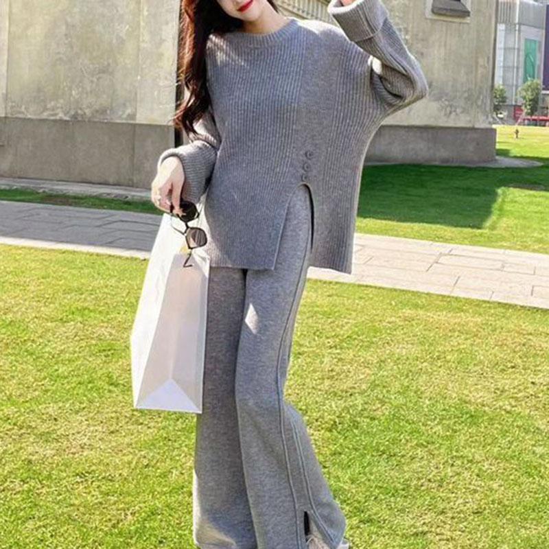 Women Suits Sets Cotton Large Size Knit Top Wide-Leg Pants  Thickened Sweater Top Longs Pants Two-piece Oversize 2PC Suit
