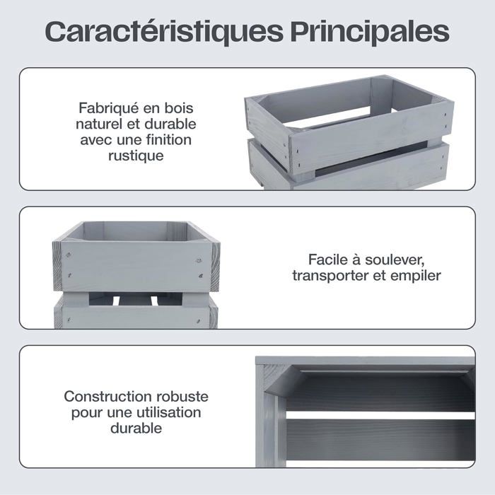 Caisse en Bois Gris - CREATIVE DECO - 30 x 20 x 15 cm - Rangement Bois - Vintage - Cagette en Bois