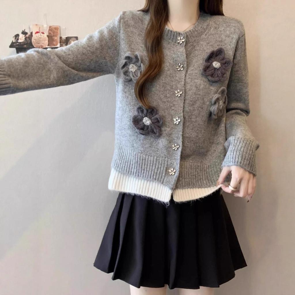 Gray Soft Waxy Knitted Cardigan Sweater Jacket Women's Design Sense Niche High Sense Temperament Top Small Short