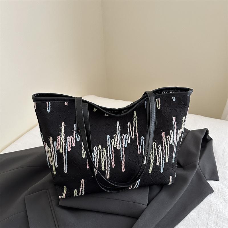Elegant White Colorful Wavy Tote Bag Lightweight Large Capacity Shoulder Handbag For Women Beach Vacation Daily Use