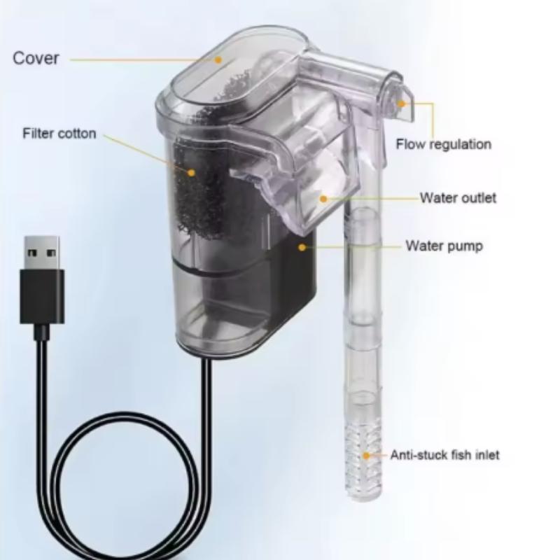 Mini Wall Mounted Aquarium Filter Waterfall Filter for Small Fish Tank USB Filtering Equipment with Filter Media and Circulating