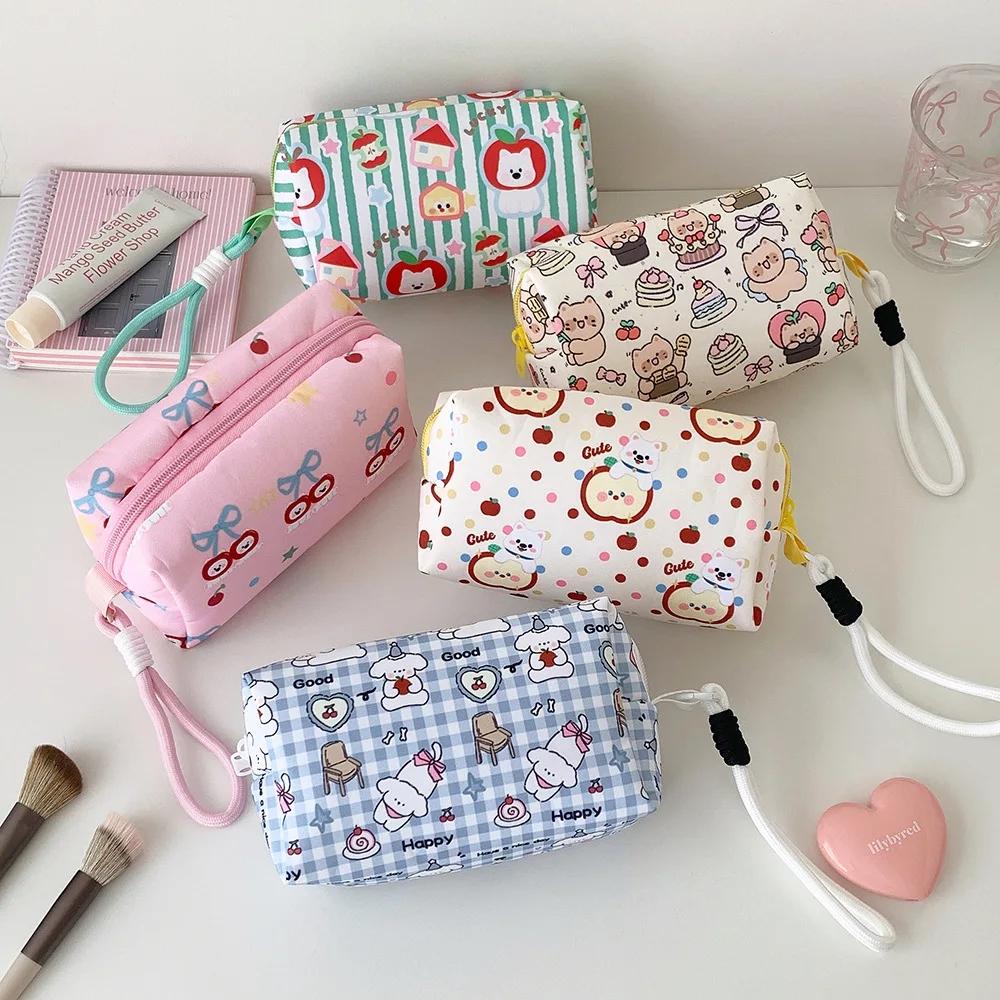 Mignon Mode Rayé Pomme Cerise Sac à Maquillage Portatif Fille Coréenne Grande Capacité Sac de Rangement pour Rouge à Lèvres Stylo à Stylo Papeterie Étudiant