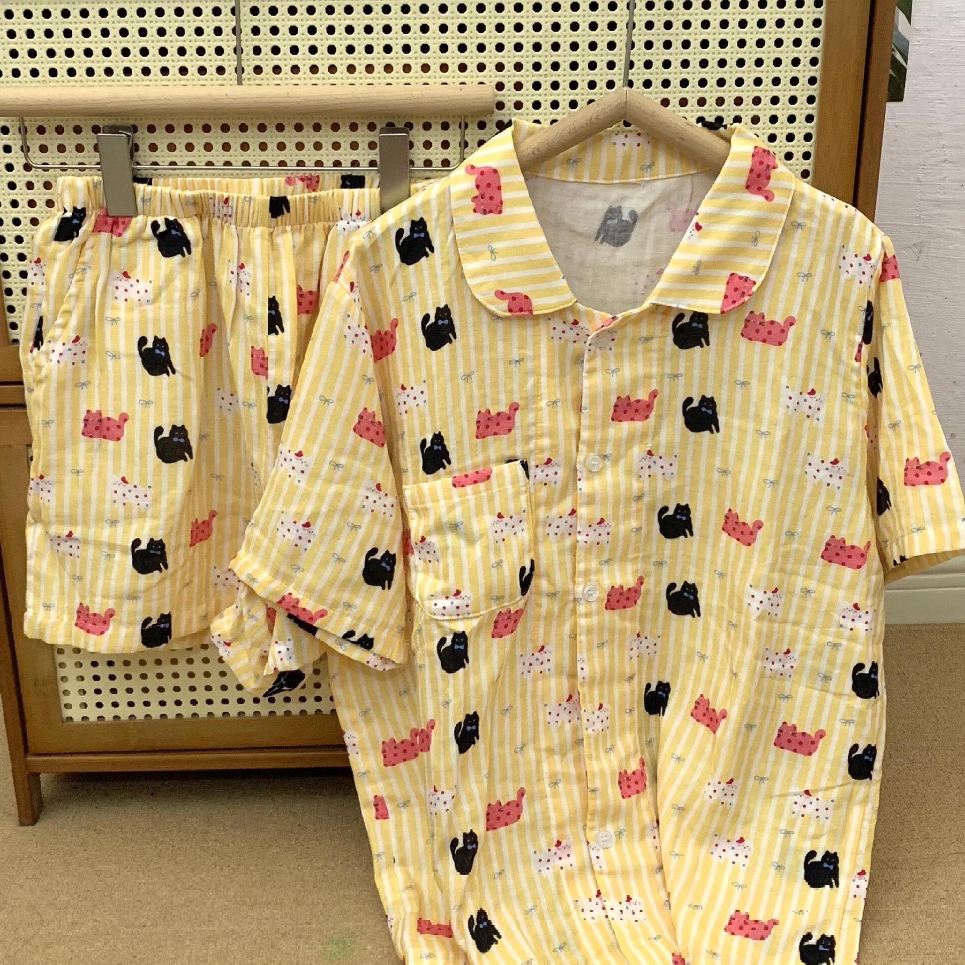 

Striped cat pajamas women s summer new short-sleeved shorts Japanese cartoon cute student loungewear suit outer wear S [recommended weight 80-95]