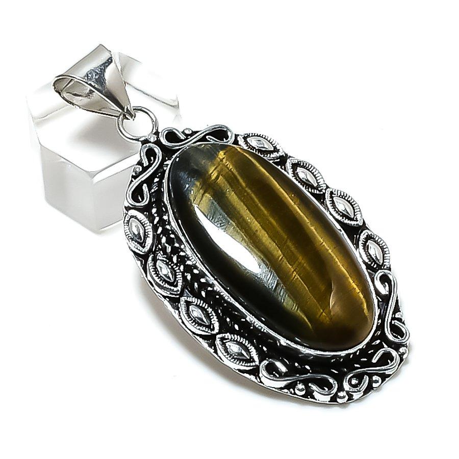 Natural Tiger Eye Gemstone Handmade 925 Sterling Silver Pendant 2.36" ETC-14218