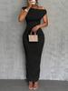 Off Shoulder Bodycon Knit Midi Dress with Slit, Women's Long Sleeve Slim Fit Ribbed Dress