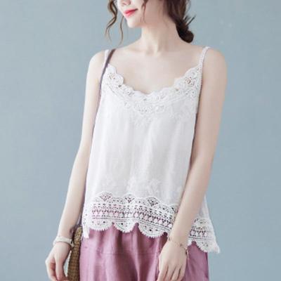 Women's Lace Trim Camisole Casual Linen Sleeveless V-Neck Tank Top