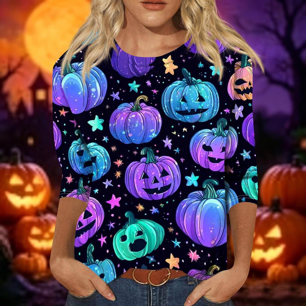 Women's Casual Halloween Print Pullover Top Three Quarter Sleeve Round Neck Shirt Lightweight Comfortable Fabric