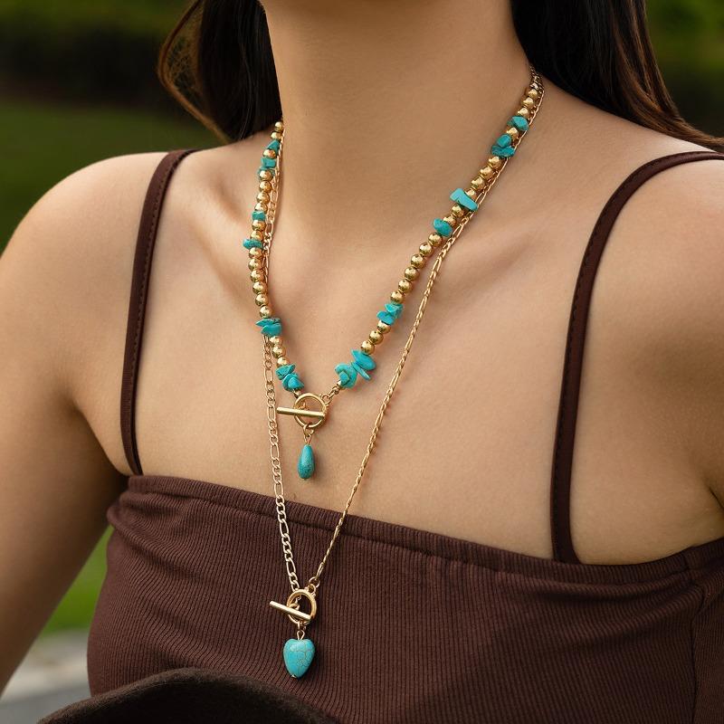 Ins style turquoise denim necklace set punk alloy multi-layered clavicle chain