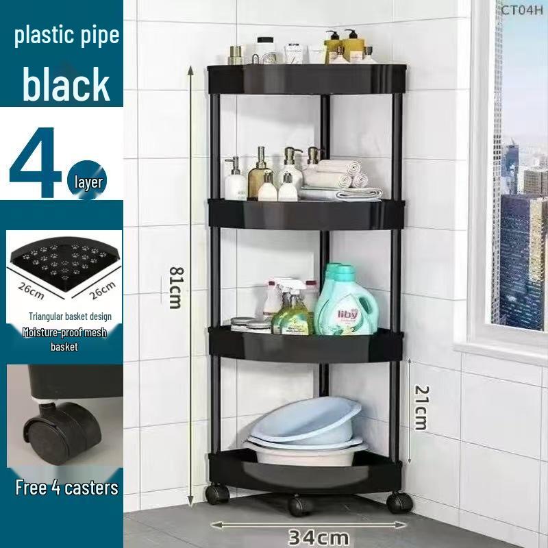 Compact Triangular Bathroom Storage Rack: Multi-Layer, Floor-Standing, Moveable Corner Organizer.