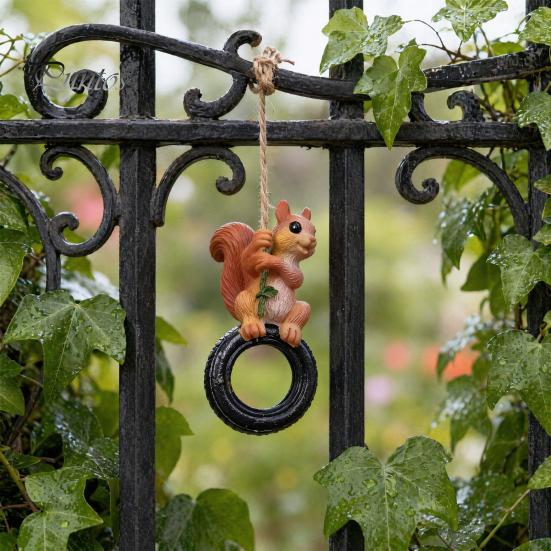 Waterproof Balcony Hanging Decor Squirrel On Tire Outdoor Ornament, Realistic Resin Figurine for Whimsical Tree Decoration Garden Patio Decoration,