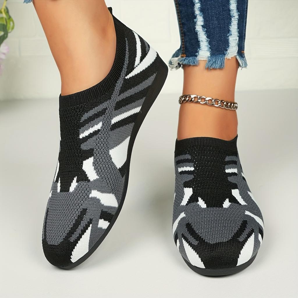 Women's Camouflage Pattern Flat Shoes, Breathable Knit Slip On Outdoor Shoes, Lightweight Low Top Shoes