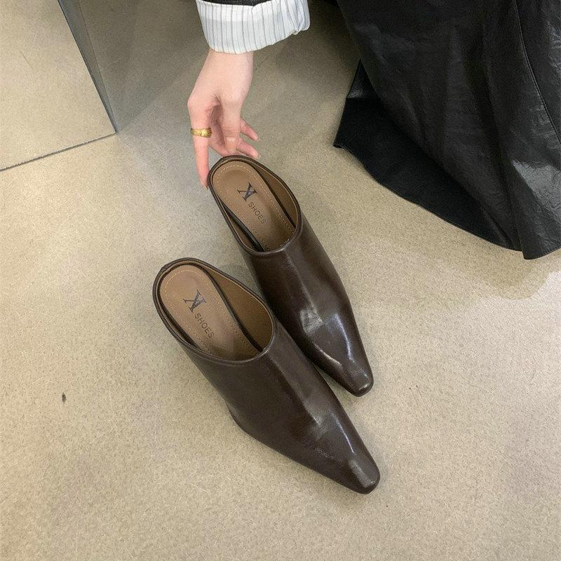 Fashion Half Slipper Women Soft Leather Small Square Wedge High Heels Fashion Wear Lazy Mugler Shoes