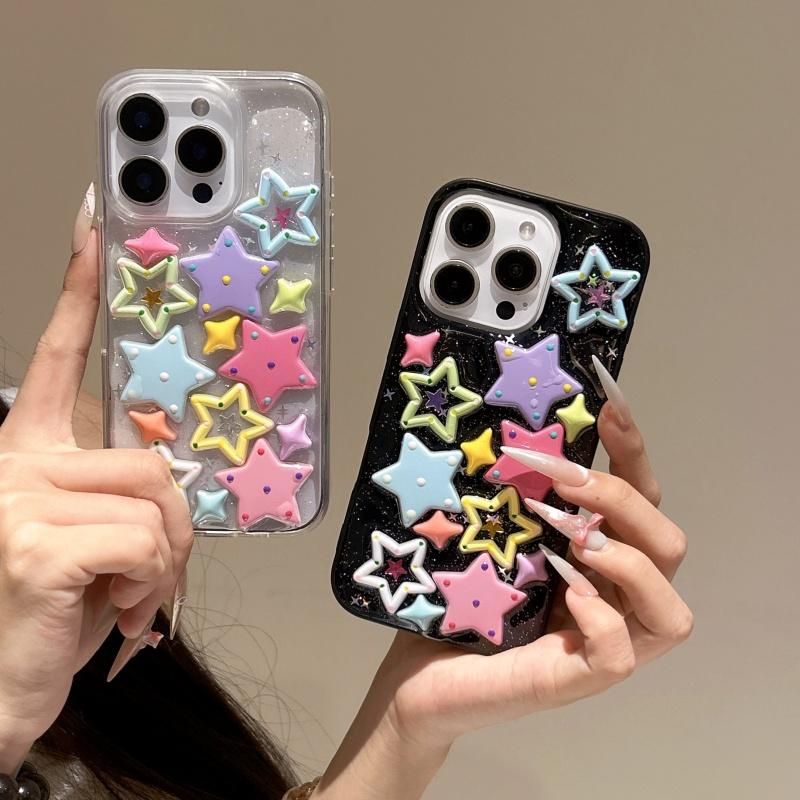 Fashion Dopamine Star Shining Colorful Stars Shell Case For iPhone 17 16 15 12 13 14 Pro Max 11 3D Epoxy Rubber Acrylic Cover