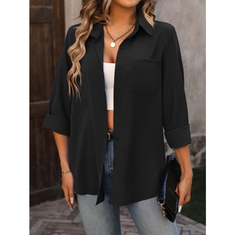 Women's Fashion Casual Spring Fall Solid Color Print Long Sleeve POLO Neck Blouses & Shirts