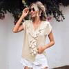 Blusa Camisa Casual de Manga Corta con Cuello en V y Estampado de Color Sólido para Mujer