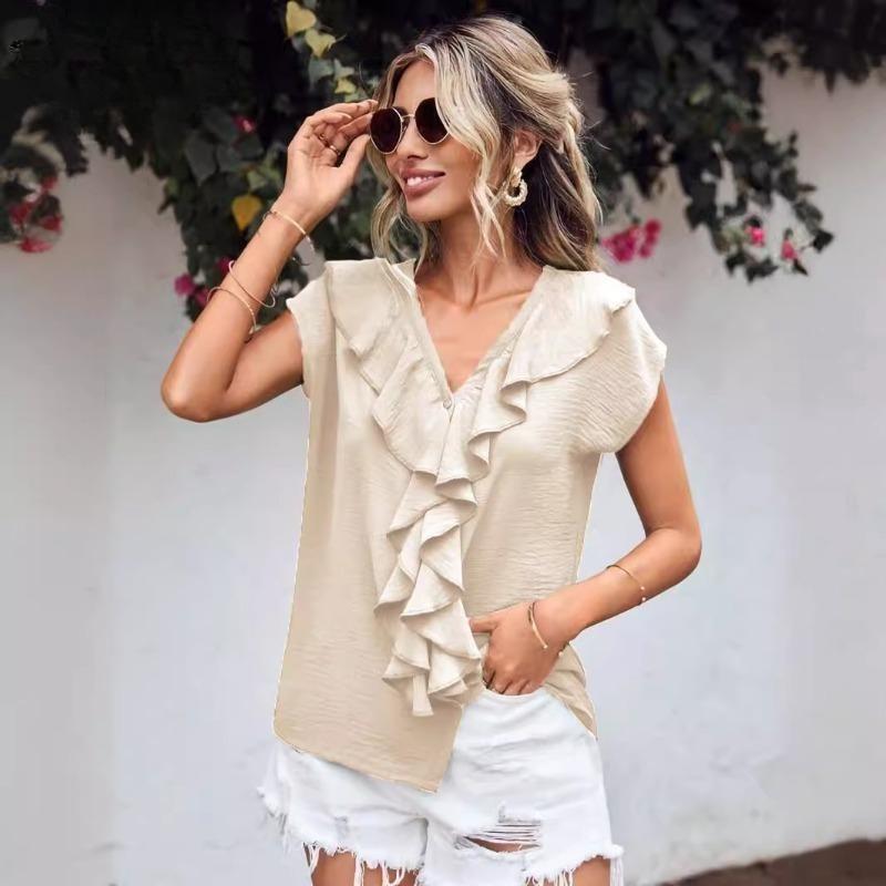 Camicetta da Donna Casual Estiva/Primaverile a Maniche Corte con Scollo a V e Stampa Monocolore