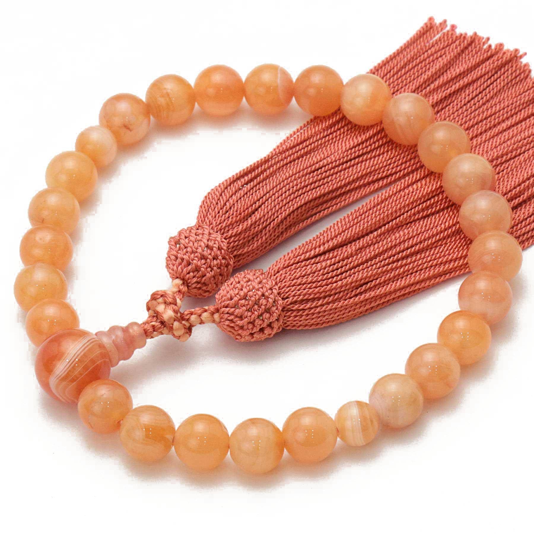 

Женские киотские буддийские молитвенные бусы, Персиковый полосатый агат, 25 бусин, Большие, с шелковой кисточкой, Подходят для всех сект, Неформальные похороны, Буддийские