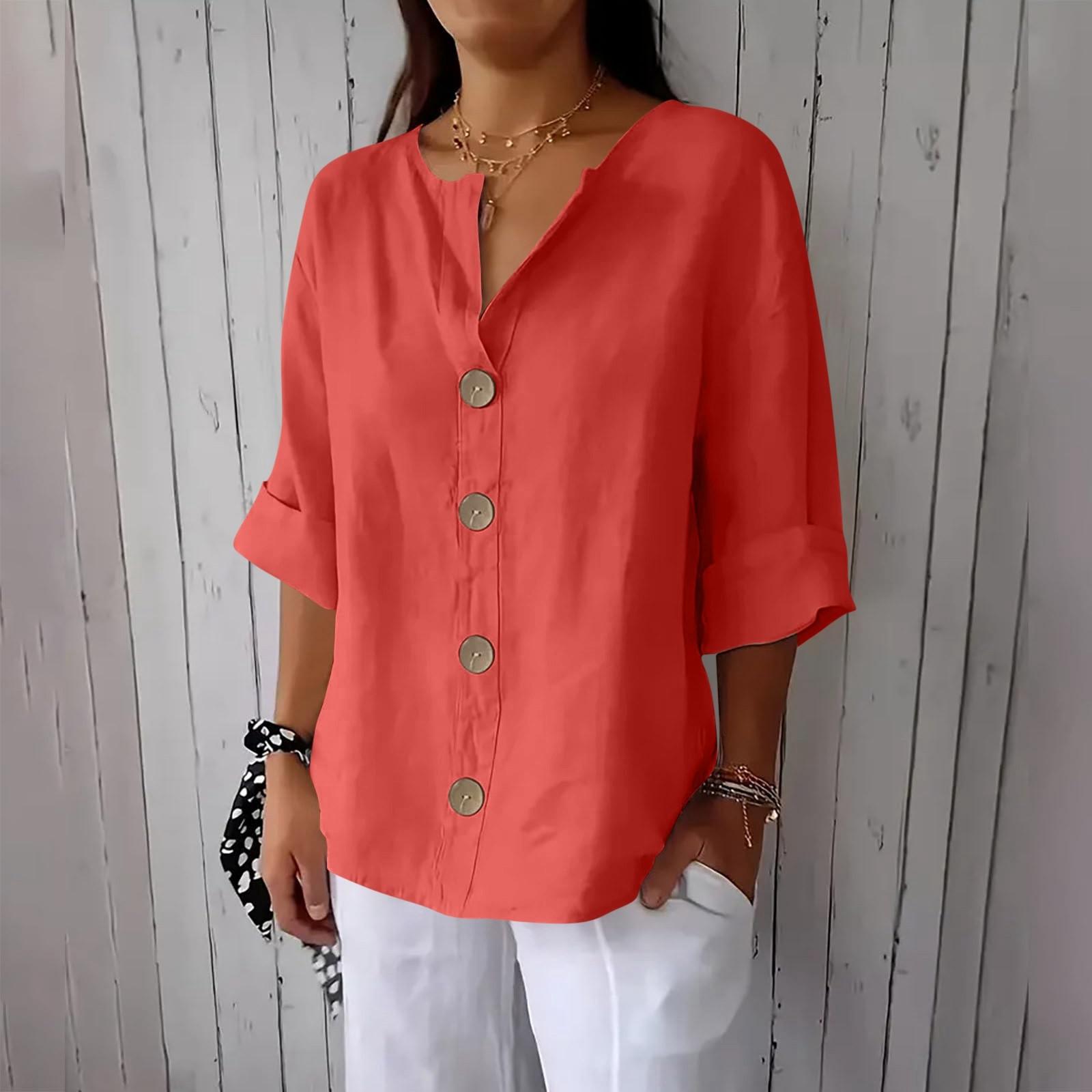 

Women s Fashion Casual V-Neck Buttoned 3/4 Sleeve Cotton Linen Top XL червоний