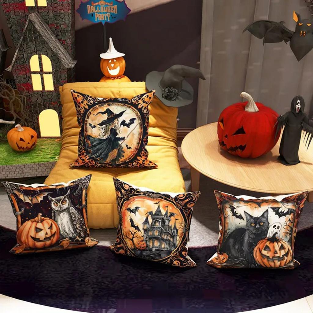 1Pc Halloween Holiday Pillow Cover 18X18 Inch Polyester Print Retro Style Holiday Decoration Home Sofa Cushion Cover