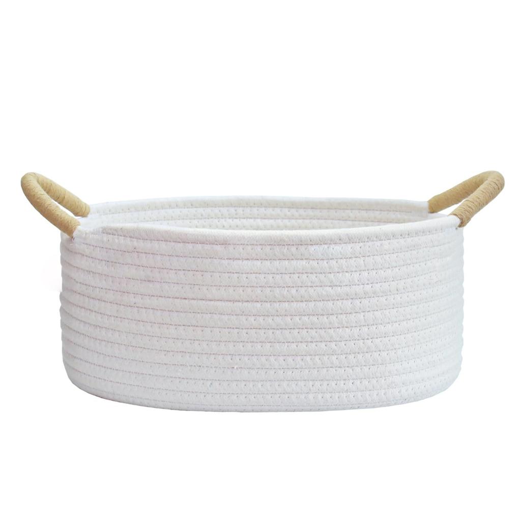 Cesto Decorativo in Corda di Cotone Bianco con Manico per Organizzazione Articoli da Scrivania Risparmio di Spazio Cesto per Snack