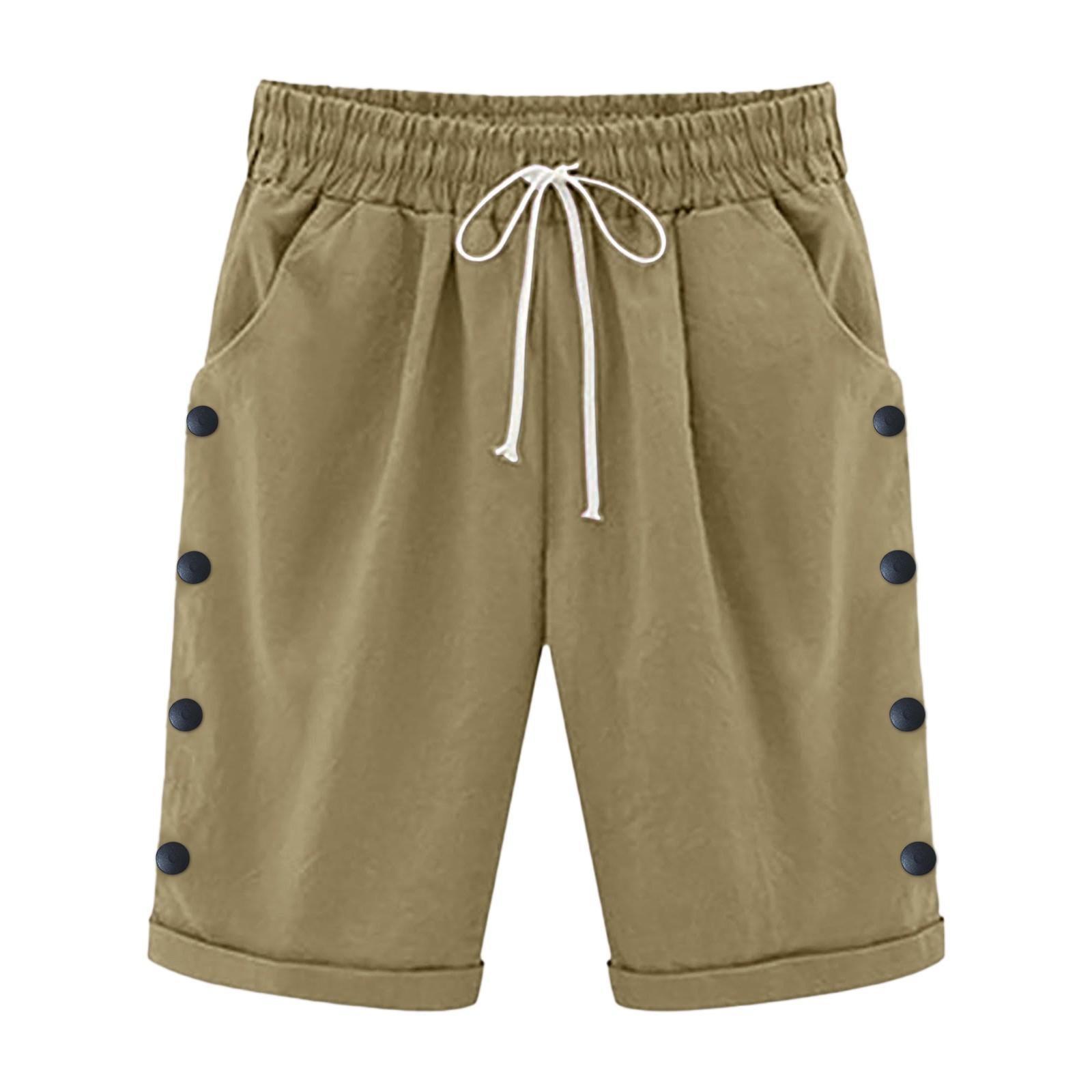 

Ladies Fashionable Solid Color Drawstring Elastic Waist Pocket Casual Cropped Pants M хакі