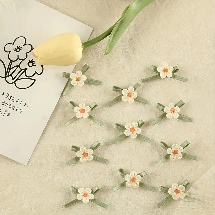 10Pcs Green Bow Embroidered With Small Flowers Patches Applique Clothing Patch Decoration